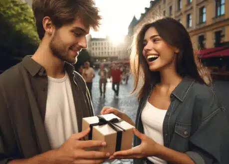 young woman giving a gift for her Cancer boyfriend